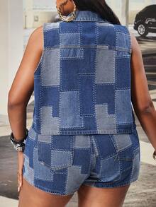 Slaydiva Áo khoác denim không tay cỡ lớn dành cho nữ với họa tiết jacquard, gợi cảm và sành điệu cho mùa hè, lễ hội và kỳ nghỉ. - Rửa trung bình - Xem 2