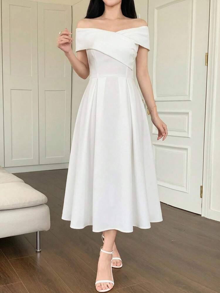 Women's Elegant Solid Color Off-Shoulder Mid-Length Dress, Summer,Valentine Outfits For Women Maxi Dress Sundress