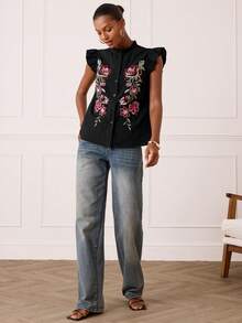 Lilora Women's Elegant Cotton Ruffle Sleeve Embroidered Blouse - Black - View 6