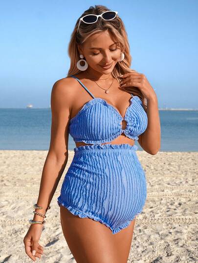 SHEIN 2026SS New Women's Swimwear Arrival For Holiday, Date, Western, Cruise, Beach, Island, Road Trip, All Seasons, Music Festival, Boho Vacation,Bohemian Vacation, Chill Autumn Boho Y2K Pleated Shorts, Elegant Vintage Casual Pregnant Women Summer Beach Solid Color Ring Connected Frill Trim Bikini Set
