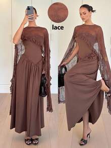 Siren Gaze 女士优雅撞色蕾丝腰身连衣裙，棕色，度假风，秋冬款 - 棕色 - 查看 7