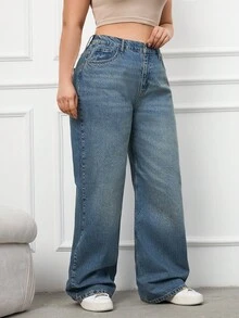 Jeans de pierna ancha con detalles de cinturón de 100% algodón de talla grande - Azul lavado medio - Ver 6