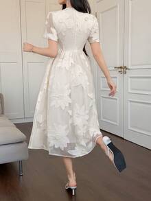 DAZY 女士优雅印花圆领花瓣袖中长连衣裙，夏季 - 杏色 - 查看 2