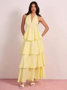 Enchnt V领露背系带荷叶边下摆度假风女装 - 黃色 - 查看 6