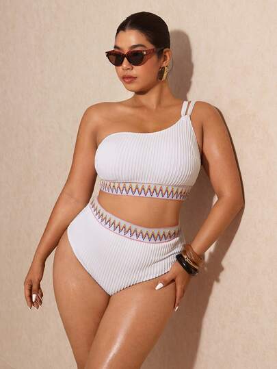 Elaquor Plus Size Women Summer Beach Wavy Striped One-Shoulder Fashionable Tankini Swimwear Set