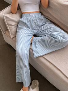 SHEIN Napfluff Women's Fashion Striped Wide Leg Pants, With Button And Label Details, Elastic Waist Casual Loose Pajama Pants Comfy Pants Lounge Pants Pyjama Pants Summer Pants - Blue - View 7