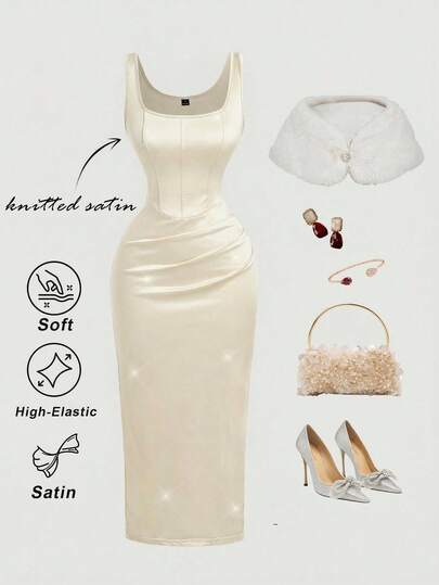 SHEIN MOD 女士缎面修身连衣裙，酒红色连衣裙，适合新年、派对、情人节、正式场合，束腰中长连衣裙，冬季连衣裙，新年连衣裙，除夕连衣裙，优雅派对连衣裙，红色情人节连衣裙，优雅红色连衣裙，约会之夜曲线美穿搭，情人节，春季连衣裙