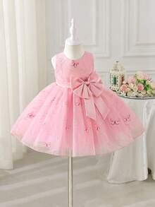 SHEIN Glamorique Kids 女婴蝴蝶结刺绣网纱连衣裙，粉色，适合生日派对、婚礼、节日、舞会等场合 - 藕粉色 - 查看 6