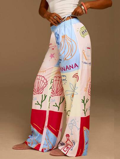 Athîral 女士休闲度假彩色格子印花弹力腰阔腿裤，春夏款