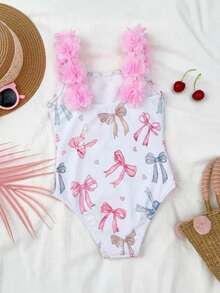 Emery Rose Kids Emery Rose Kids 女童条纹蝴蝶结花卉连体泳衣 - 白色 - 查看 6