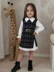 SHEIN 女童可爱撞色二合一长袖连衣裙，秋冬款 - 黑與白 - 查看 2