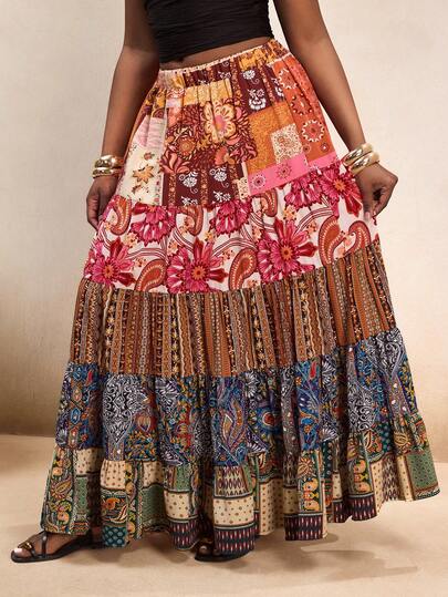 BamGleam Floral Patchwork Colorful Print Multi-Layered Bohemian Skirt, Suitable For Vacation, Party, Daily Wear, Beach, And Dates, Spring/Summer For Women
