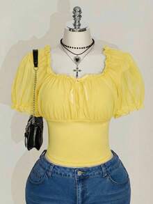 SHEIN ICON Plus Size Square Neck Ruffle Mesh Puff Sleeve T-Shirt, Sweet Summer Vacation T-Shirt - Pale Yellow - View 6