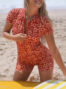 Swim SPRTY 2026 Spring/Summer New Women's Resort Color-Blocked Floral Print Shirt Collar Zipper Short-Sleeve One-Piece Swimsuit/Sports Surfwear, Perfect For Summer Beachwear And Seaside Sports. Rompers For Women Vacation Beach Romper Orange Romper Swimsuit Romper Floral Romper - Multicolor - View 7