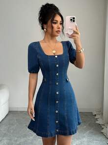 Elenzga Women's Square Neck Short Sleeve Single-Breasted Casual Denim Dress - Blue - View 6