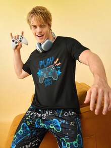 1 pieza Top de pijama con estampado de videojuegos - Negro - Ver 1