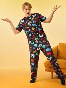 男士电子游戏印花短袖上衣和裤子睡衣套装 - 彩色 - 查看 3