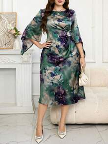 Reflora 大码女式印花圆领喇叭袖优雅连衣裙 - 綠色 - 查看 5