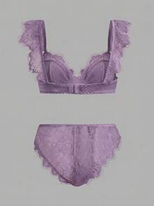 lacRébo White Satin And Lace Lingerie Set With Lace-Trimmed Straps And Matching Panties Sexy Chic - Mauve Purple - View 7