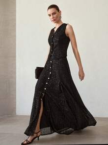 MOTF PREMIUM CONTRAST SEQUIN BUTTON UP WAISTCOAT - Black - View 1