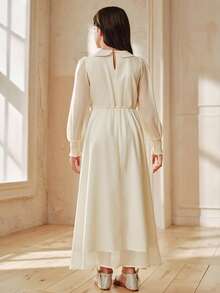 Đầm dài dáng chữ A họa tiết hoa, cổ Peter Pan, tay cánh hoa, trang trí eo, hàng mới về mùa Xuân/Hè của Anewsta Girls. - Màu be - Xem 2