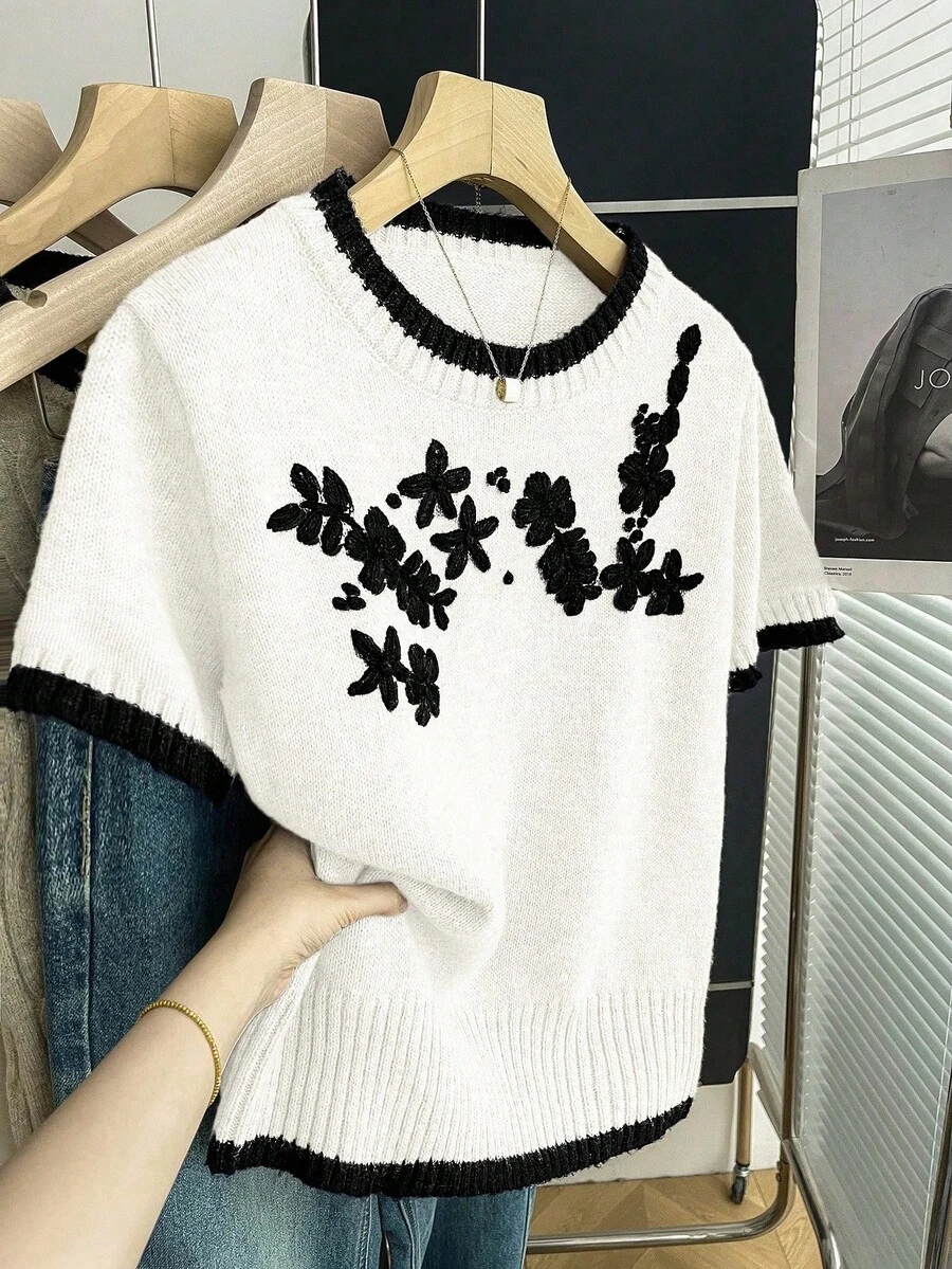 SHEIN Franclia 新款休闲宽松碎花甜美复古女式针织毛衣，春秋季 - 白色 - 查看 1