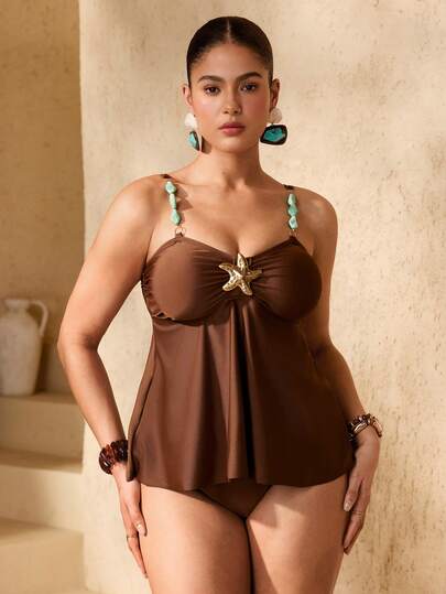 Swim Chiccia Plus Size 2-Piece Women Solid Color Sexy Elegant Beaded Spaghetti Strap Bikini Swimsuit With Star Metal Decor, Suitable For Beach And Resort