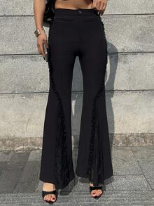 DAZY Black Lace Patchwork Solid Color Flare Pants, Suitable For Commuting & Office, Summer - Black - View 6