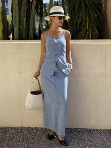 Livesso Spring & Summer Sleeveless Denim Vest Top, Casual Beach Vacation Style, Paired With Straight Cut High Slit Denim Skirt, Elegant Office/Commute 2-Piece Set For Women - Light Wash - View 3
