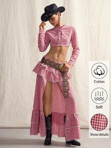 SHEIN ICON 女士格子荷叶边不对称下摆时尚半身裙 - 紅色 - 查看 3