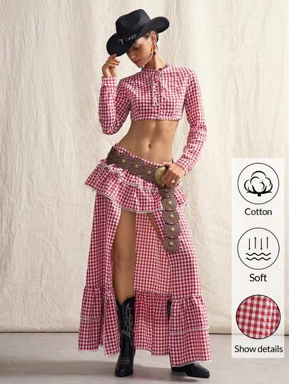 SHEIN ICON Chân váy nữ kẻ caro xếp tầng, vạt lệch, kiểu dáng thời trang.