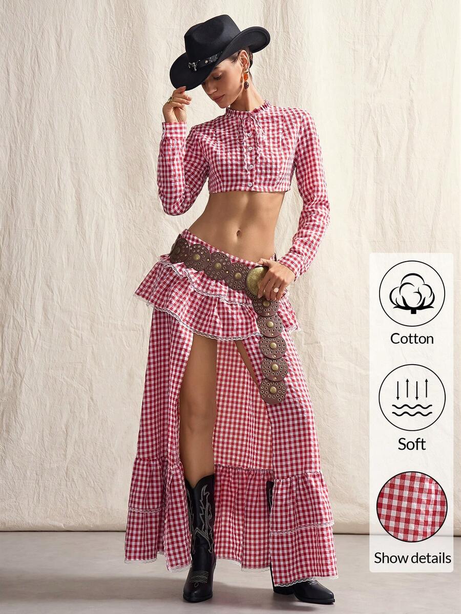 SHEIN ICON Chân váy nữ kẻ caro xếp tầng, vạt lệch, kiểu dáng thời trang. - Đỏ - Xem 1