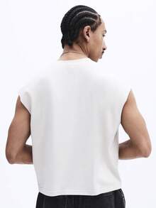 SUMWON 男士短款宽松印花背心，胸前印花图案，无袖夏季休闲街头风肌肉背心 - 杏色 - 查看 2