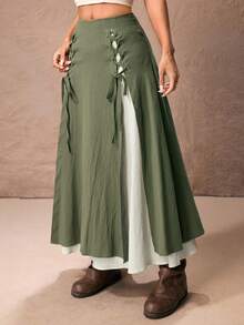 ROMWE Fairycore Mint Green Casual Skirt For Women ,Petite Women - Dark Green - View 4