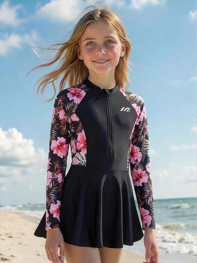 SHEIN 少女连体泳衣，休闲黑色碎花针织长袖拉链连衣裙式泳装，时尚优雅淑女风，适合游泳、夏季度假、海滩、泳池、节日派对等场合。