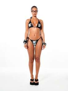 SUMWON WOMEN Triangle Bikini Set With Bold DON'T SLIP Text Print Halter Top Side-Tie Bottom Beach Swimwear - Black - View 3