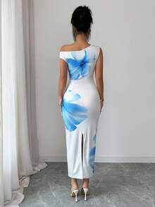 Elenzga Women's Summer Fashion Vacation Dress, French Blue Floral Print Off Shoulder Waist Fitted Dress - Multicolor - View 2