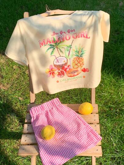 Comfortcana 2 piezas Conjunto de ropa de casa casual de vacaciones, con motivos de fruta, árbol de coco, piña y de isla, con top de manga corta y shorts cómodos