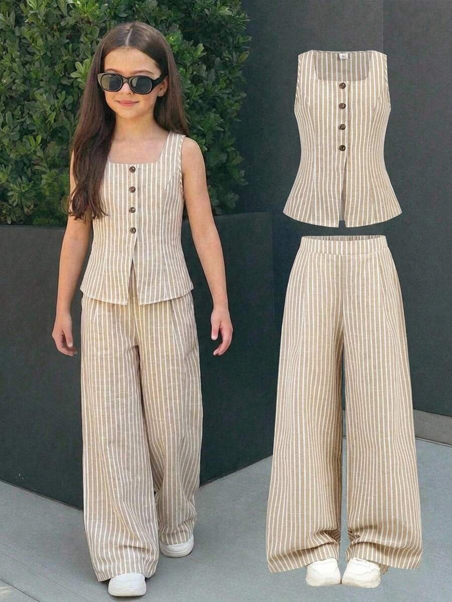 Firerie Kids 2pcs Tween Girls Casual Outfit - Vest Top + Loose Pants Set, Fashionable, Versatile, Suitable For Party, Outing, Photoshoot With Sisters, Park, Camping, Vacation, Daily Wear - Khaki - View 1