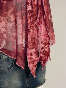 SHEIN ICON Áo tank top nữ in họa tiết cổ điển, viền lưới bất đối xứng - Màu Đỏ Sâu - Xem 10