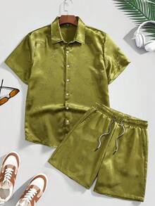 Manfinity CasualCool Bộ áo sơ mi nam tay ngắn, màu trơn, cài cúc phía trước, kiểu dáng thanh lịch, vai thường. - màu xanh lá - Xem 3