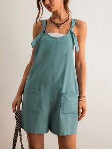 女士纯色口袋休闲连体裤，适合度假和日常穿着 - 綠色 - 查看 4