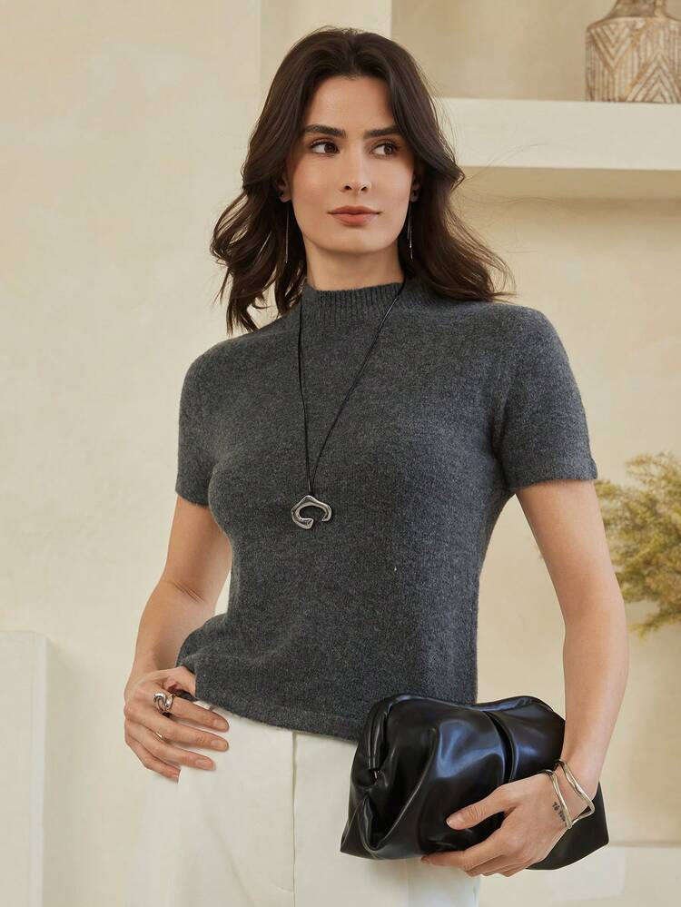 Dazy-Less Suéter de mujer de unicolor, cuello alto, ajustado, versátil, de manga corta, para uso casual y de negocios - Gris - Añade 4
