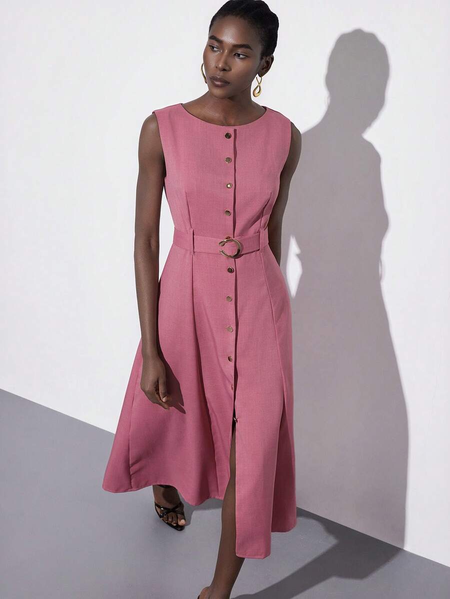 Aveloria Modichic 优雅的法式复古时尚派对连衣裙，采用镂空设计、收腰剪裁、A字廓形、撞色金属搭扣和泡泡袖，尽显高端气质。 - 粉色 - 查看 1