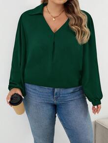 SHEIN CURVE+ 大码女装秋冬休闲宽松舒适V领黑色长袖衬衫，秋季女装，女式衬衫，大码上衣，复古风，黑色上衣，商务休闲女装，办公室女装，W码，教师衬衫，女士秋冬服装，冬季，大码 - 墨綠色 - 查看 7
