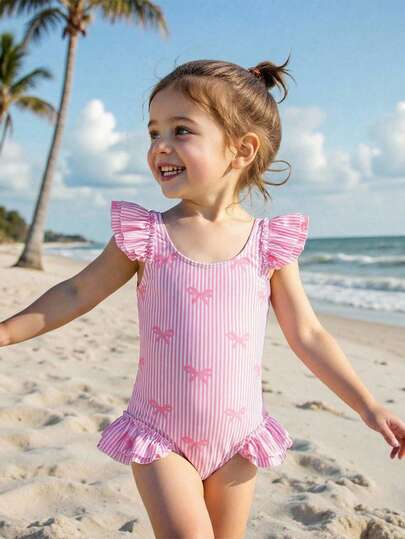 SHEIN Young Girl Summer Beach Vacation Style Bow Striped Print Double Ruffle One-Piece Swimsuit