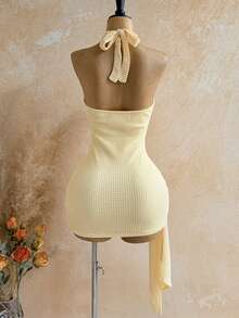 Soleia Sexy V-Neck Cross Decor Hollow Out Halter Backless Textured Fabric Multi-Layer Irregular Hem Mini Dress, Suitable For Party, Christmas, Date, Nightclub, Beach, Cruise, Afternoon Tea, Bohemian, Boho, Vacation, Fall Women Clothes, Vintage,Summer Yellow Halter Dress Yellow Sexy Dress Butter Yellow Dress Waffle Knit Dress , Outfit , Blue Dresses For Women Vacation Outfits Women Butter Yellow Mini Dress Halter Mini Dress,Summer Dress,Vacation Dress,Summer Outfit For Women , Festival Outfits, Graduation,Vacation Outfits Women, Yellow Dresses For Women,Work Outfits For Women , Beach Outfit For Women - Light Yellow - View 2