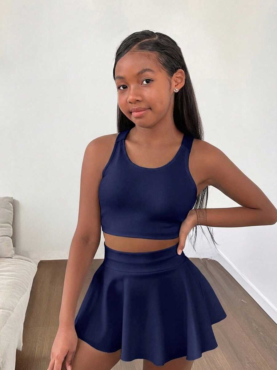 SHEIN Tween Girls' Casual Solid Color Knit Tank Top And Shorts Set, Spring/Summer Tween Two Piece Set Tweens Two Piece Set Tween Crop Top Set - Navy Blue - View 1