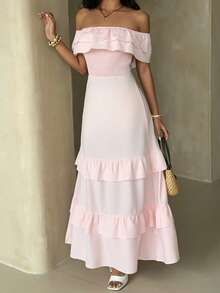 Aloruh Women's Light Pink Bohemia Elegant Summer Vacation Holiday Maxi Dress,Off Shoulder Linen Like Ruffled Fitted Waist Wedding Guest Party Outfits - Baby Pink - View 4