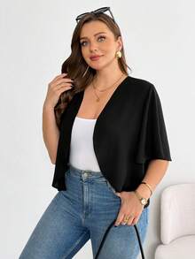 SHEIN Essnce 大码女装春夏时尚休闲舒适日常百搭短袖黑色开衫，夏季外套，外出上衣，办公穿着，度假装 - 黑色 - 查看 6
